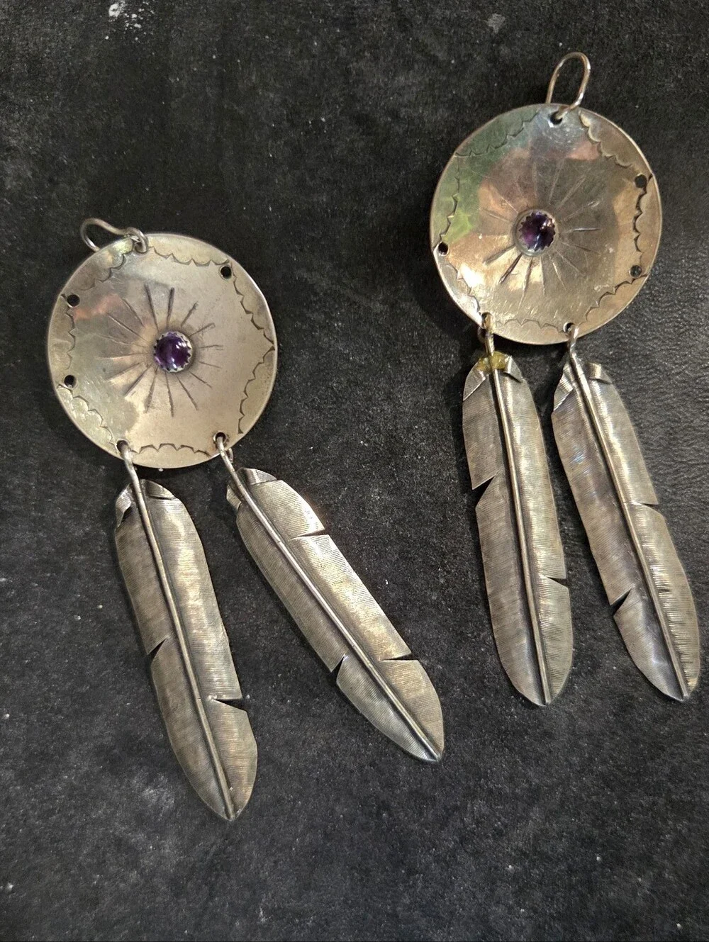 Vtg Handmade Sterling Silver Bowl Shaped Earrings / Feather Dangle Signed